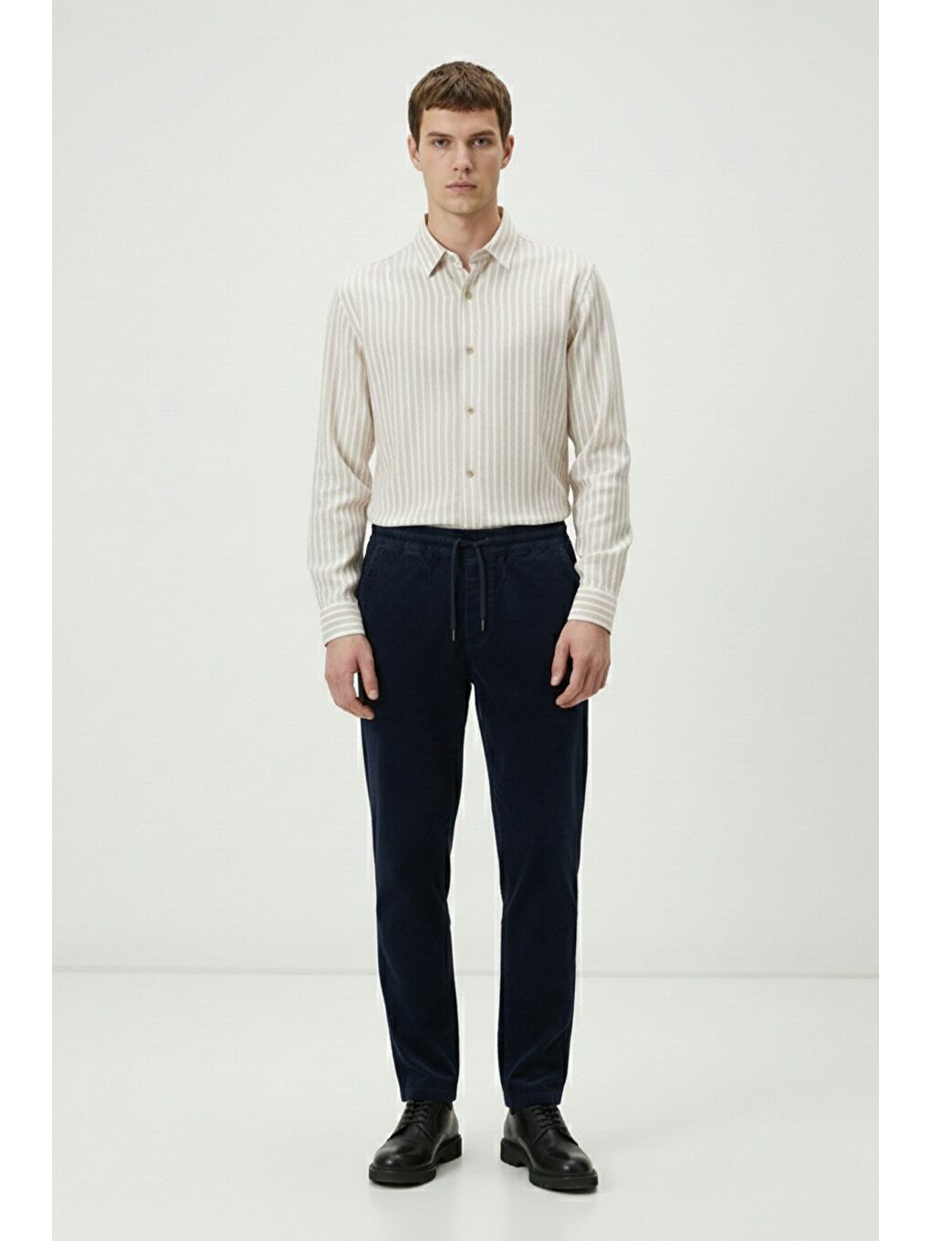 Giotelli Bej Çizgili Oversize Fit Pamuk Keten Karışımlı Klasik Yaka Uzun Kol Gömlek-3