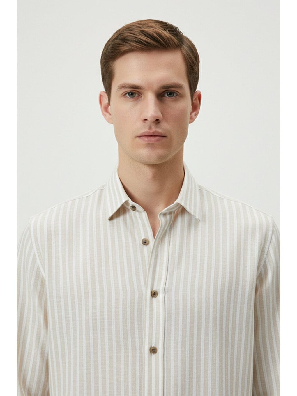 Giotelli Bej Çizgili Oversize Fit Pamuk Keten Karışımlı Klasik Yaka Uzun Kol Gömlek-4
