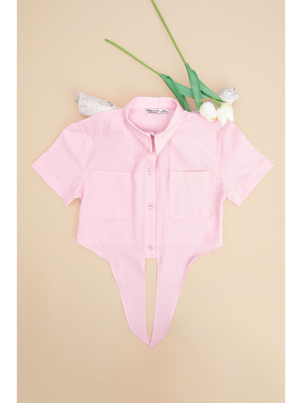 Pembe Önü Bağlamalı Çift Cepli Crop Kız Çocuk Gömlek-1