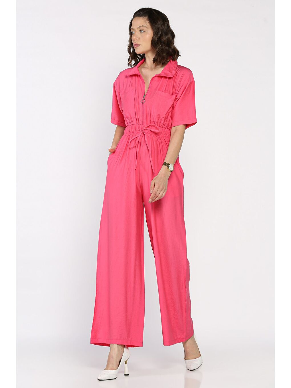 Fuşya Yarım Fermuarlı Bel Lastikli Kısa Kol Tulum-1