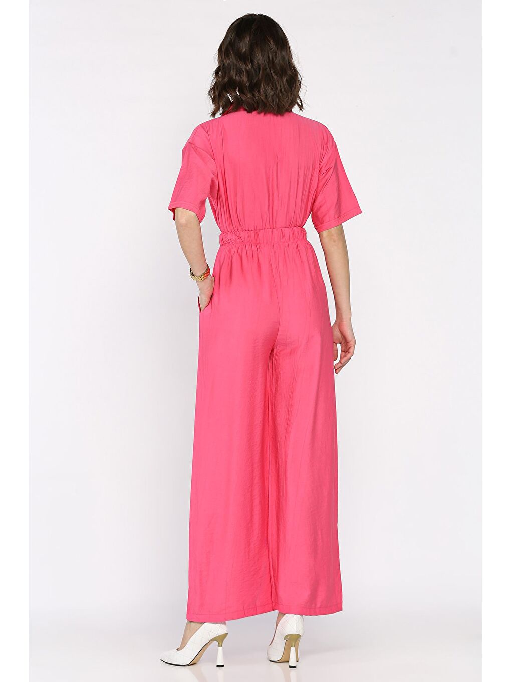 Fuşya Yarım Fermuarlı Bel Lastikli Kısa Kol Tulum-2