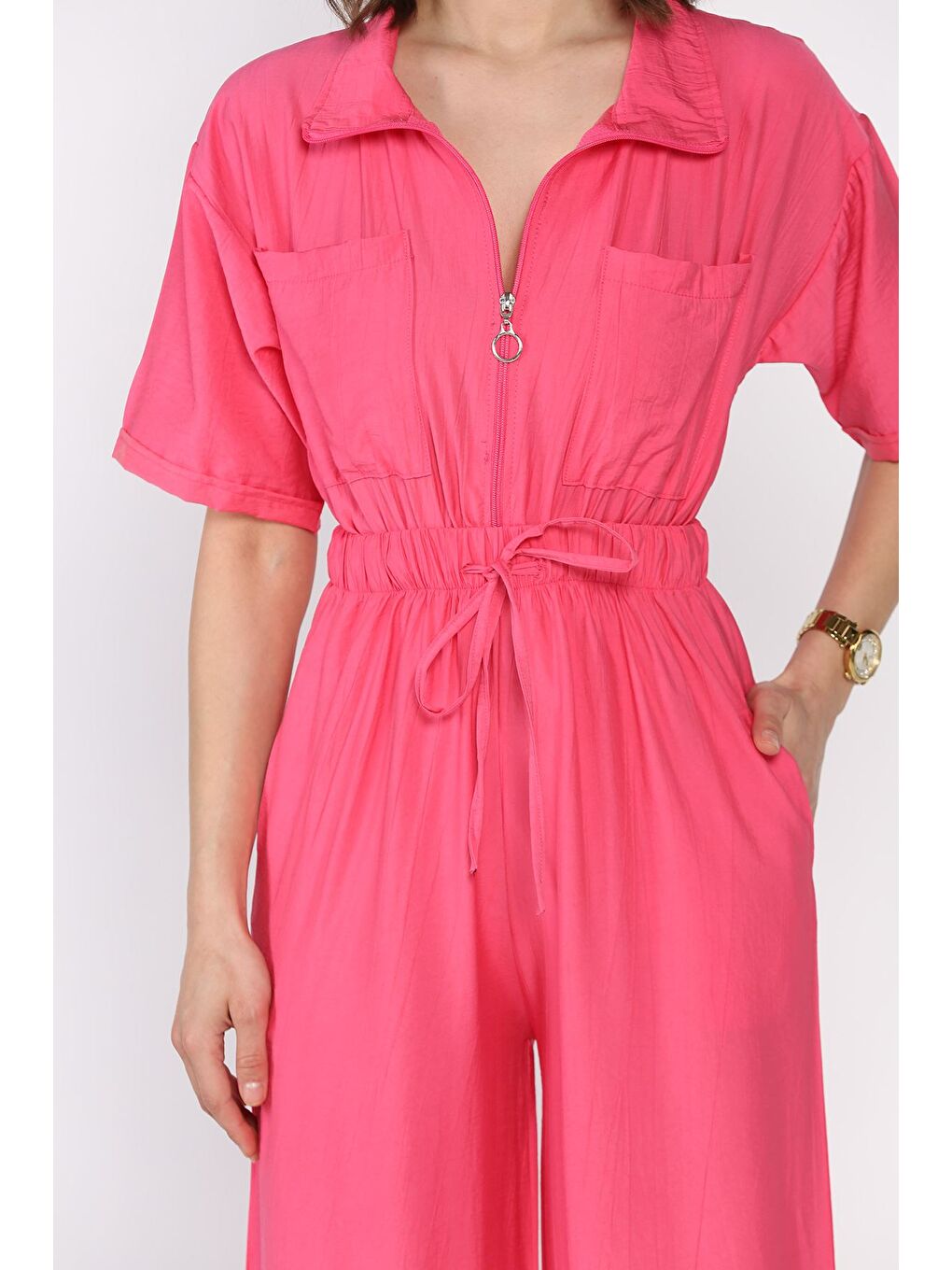 Fuşya Yarım Fermuarlı Bel Lastikli Kısa Kol Tulum-3