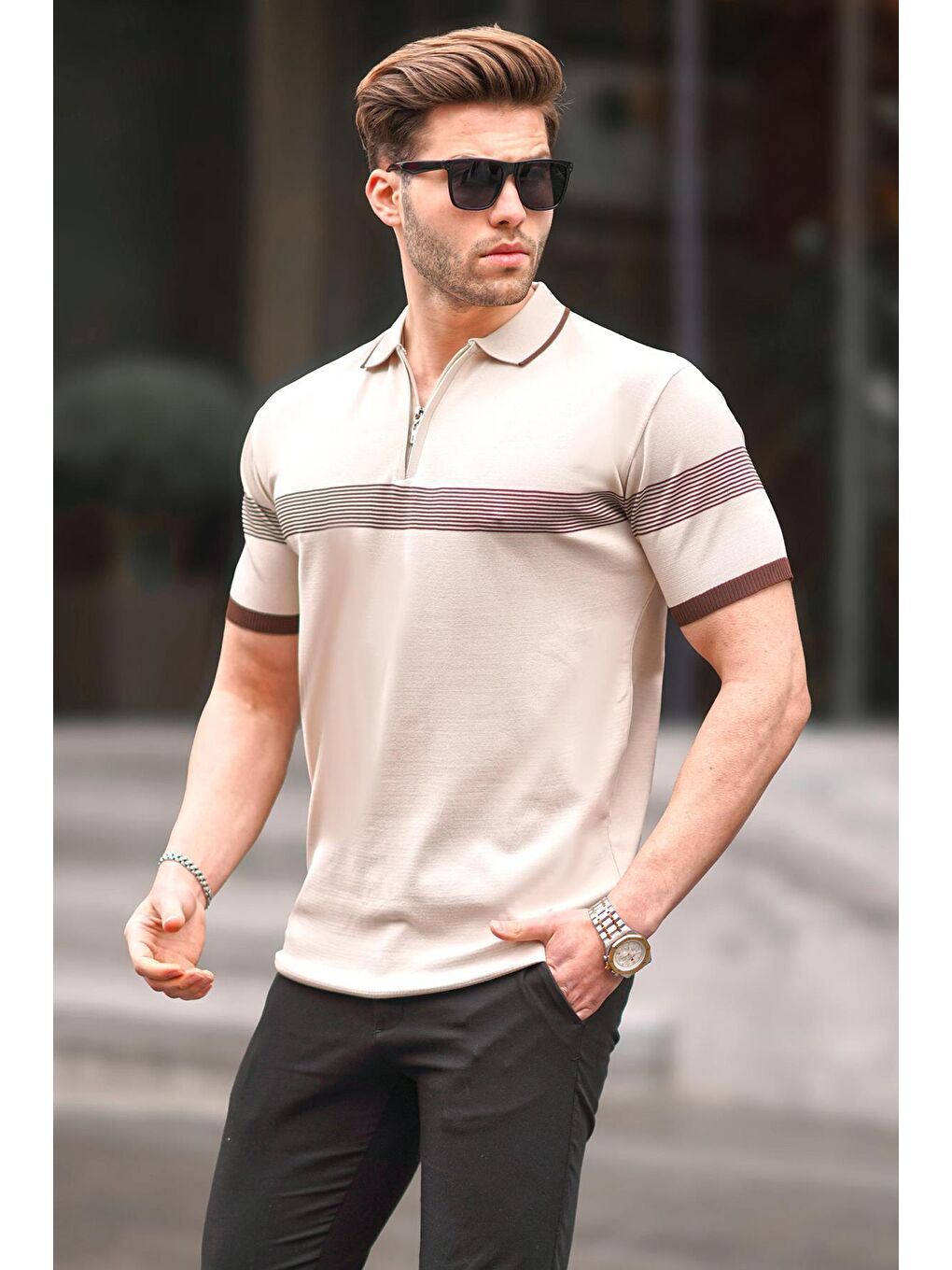 Bej Taş Rengi Fermuar Detaylı Polo Yaka Erkek Tişört 6879