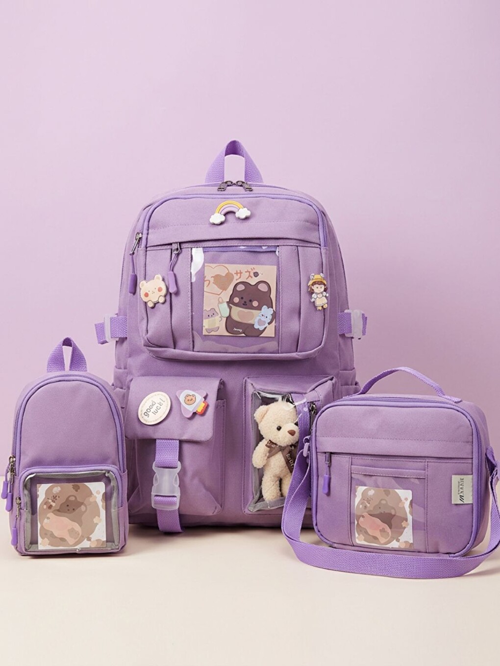Fuşya 3'lü Premium Set Çok Bölmeli Okul Çantası + Özel Tasarım