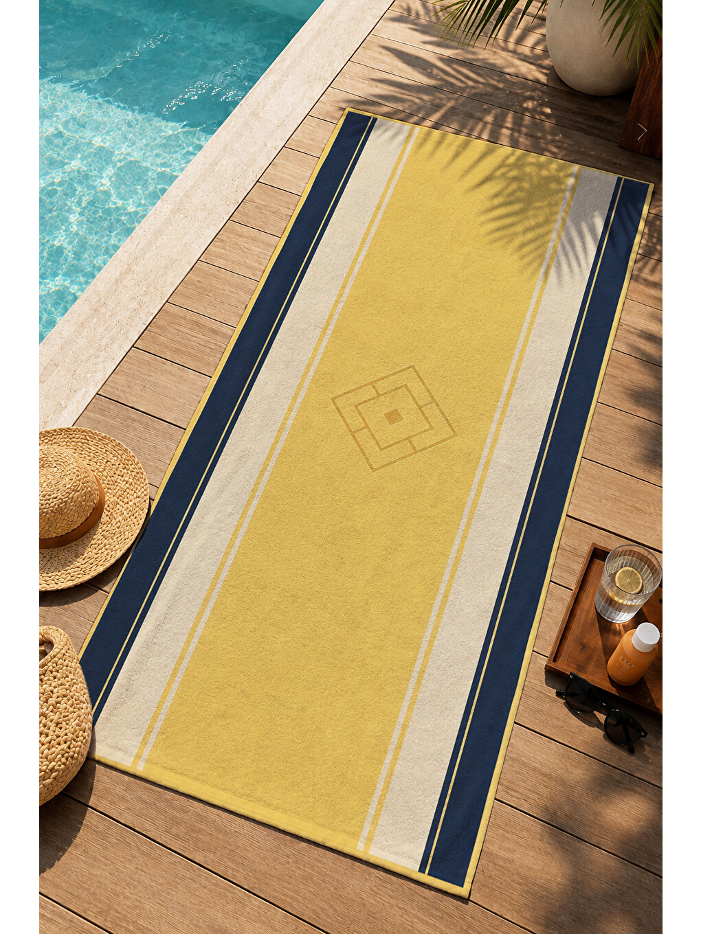 Modern Sarı Lacivert Minimal Kavisli Şerit Desenli 70x150 Plaj Havlusu - Pamuklu Banyo Havlusu-3