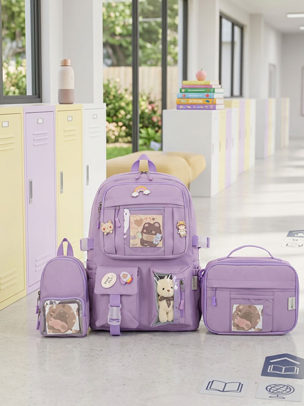 Fuşya 3'lü Premium Set Çok Bölmeli Okul Çantası + Özel Tasarım-1