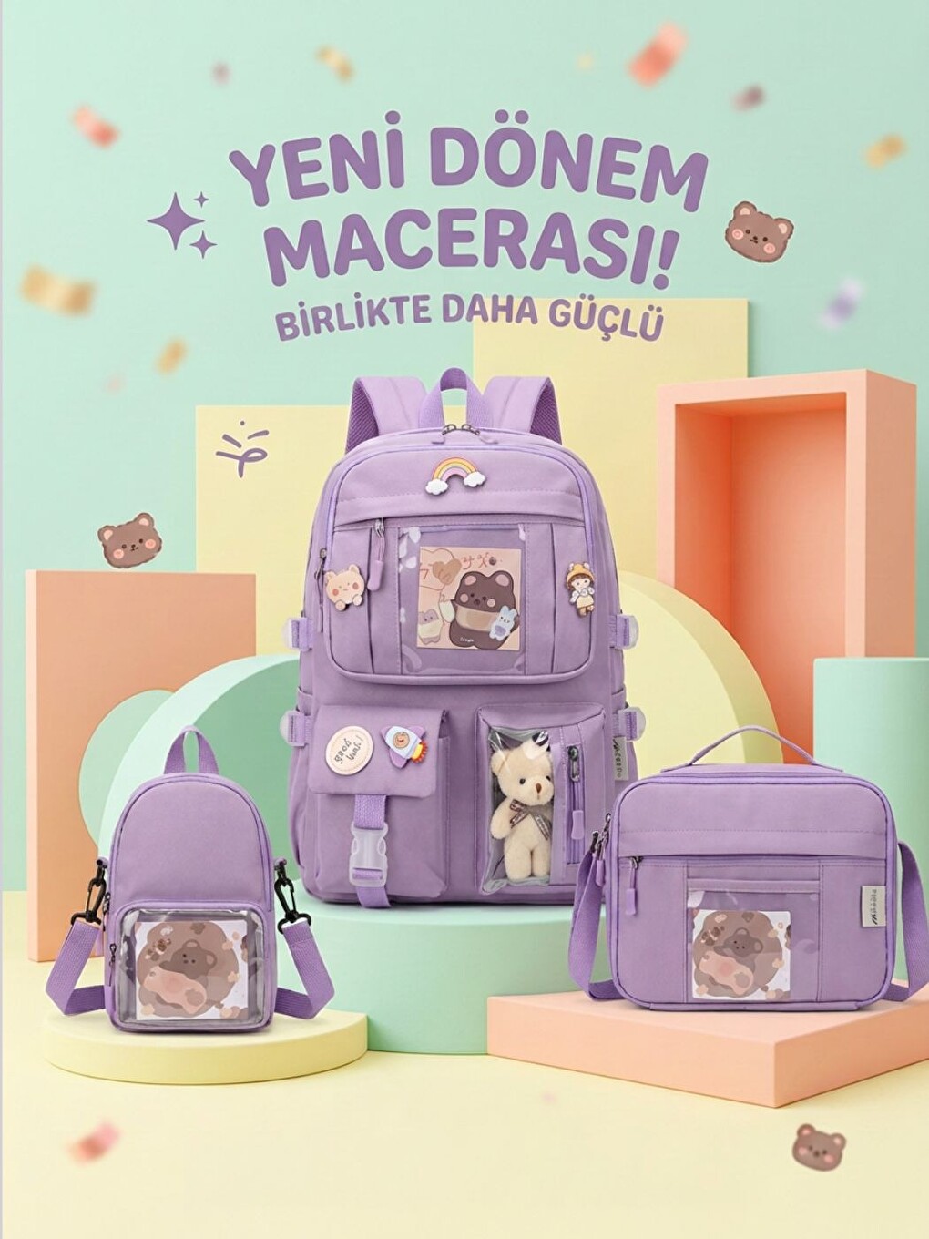 Fuşya 3'lü Premium Set Çok Bölmeli Okul Çantası + Özel Tasarım-2