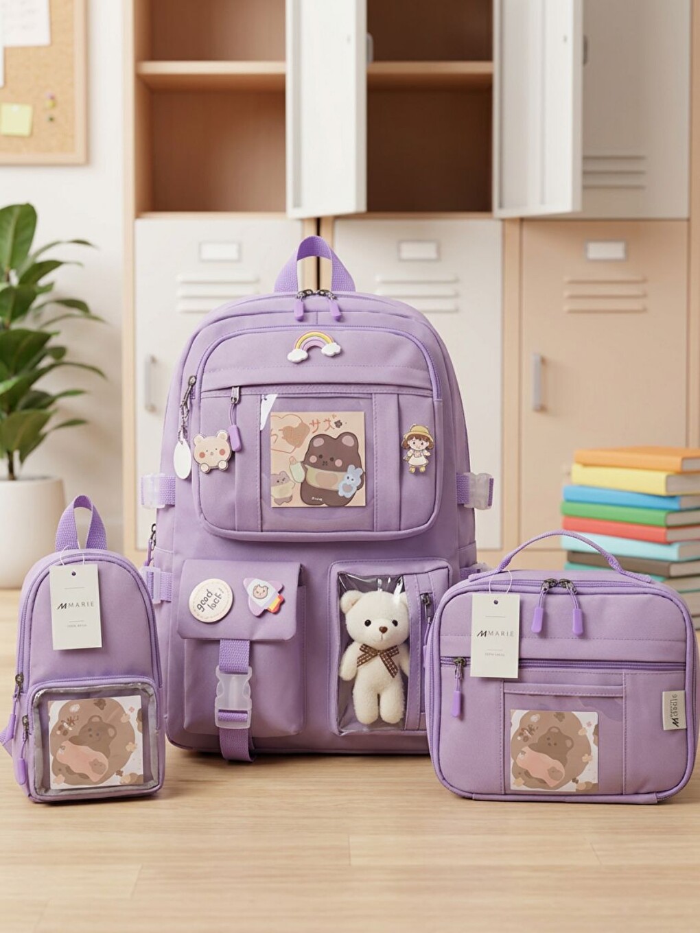 Fuşya 3'lü Premium Set Çok Bölmeli Okul Çantası + Özel Tasarım-3