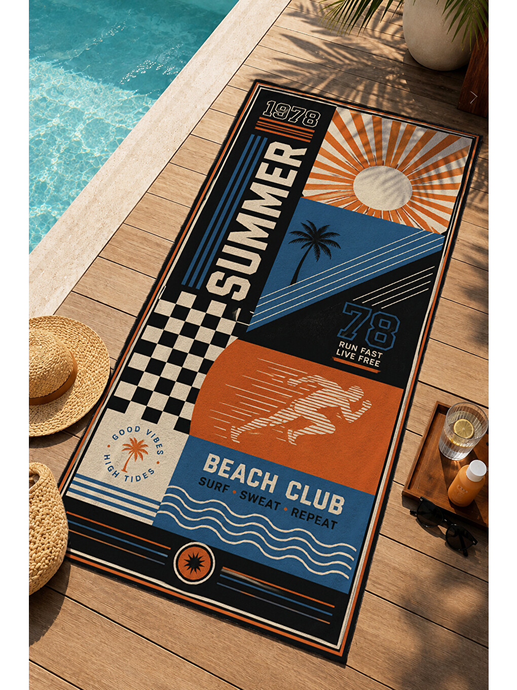 Mavi Retro Summer Surf Beach Club Desenli 70x150 Plaj Havlusu - Dijital Baskılı Solmaz Banyo Havlusu