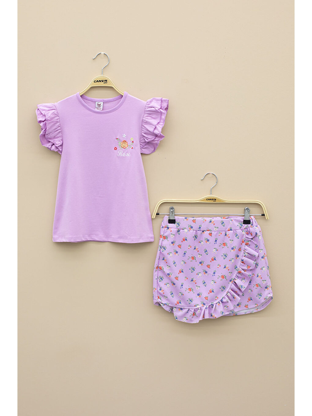 Lila Kolları Fırfırlı Çiçek Desenli Şort Etekli 2'li Takım 20717