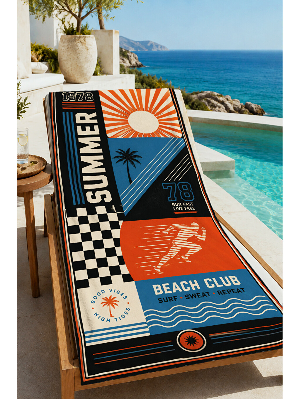 Mavi Retro Summer Surf Beach Club Desenli 70x150 Plaj Havlusu - Dijital Baskılı Solmaz Banyo Havlusu-1