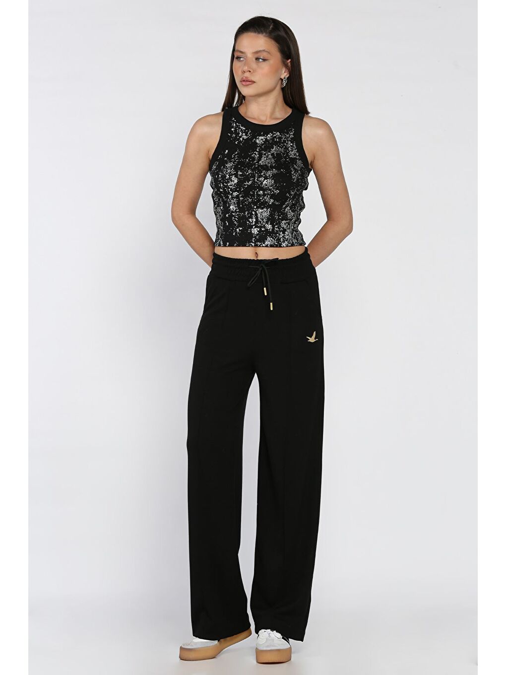 Siyah Kadın Baskılı Bol Paça Eşofman Altı