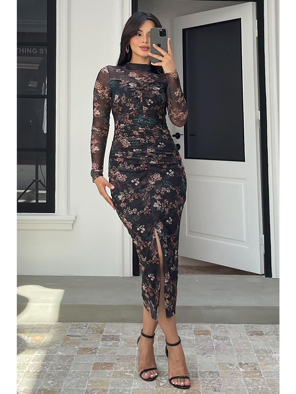 Siyah Uzun Çiçek Desenli Tül Kadın Elbise Mg2222-4