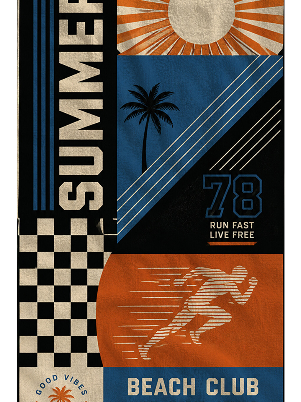 Mavi Retro Summer Surf Beach Club Desenli 70x150 Plaj Havlusu - Dijital Baskılı Solmaz Banyo Havlusu-2
