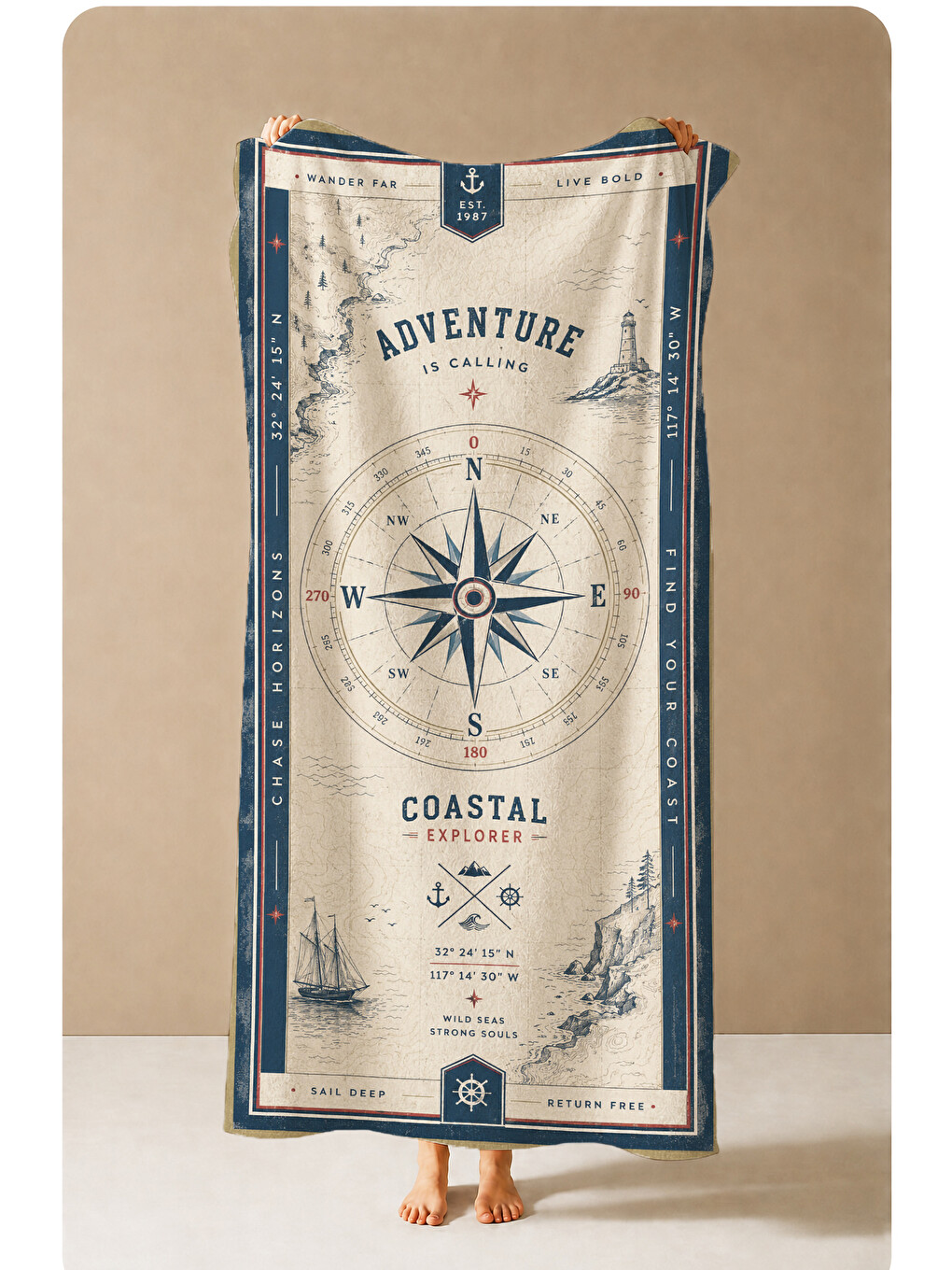 Lacivert Vintage Adventure Pusula Denizci Desenli 70x150 Plaj Havlusu - Dijital Baskılı Solmaz Banyo Havlusu-1