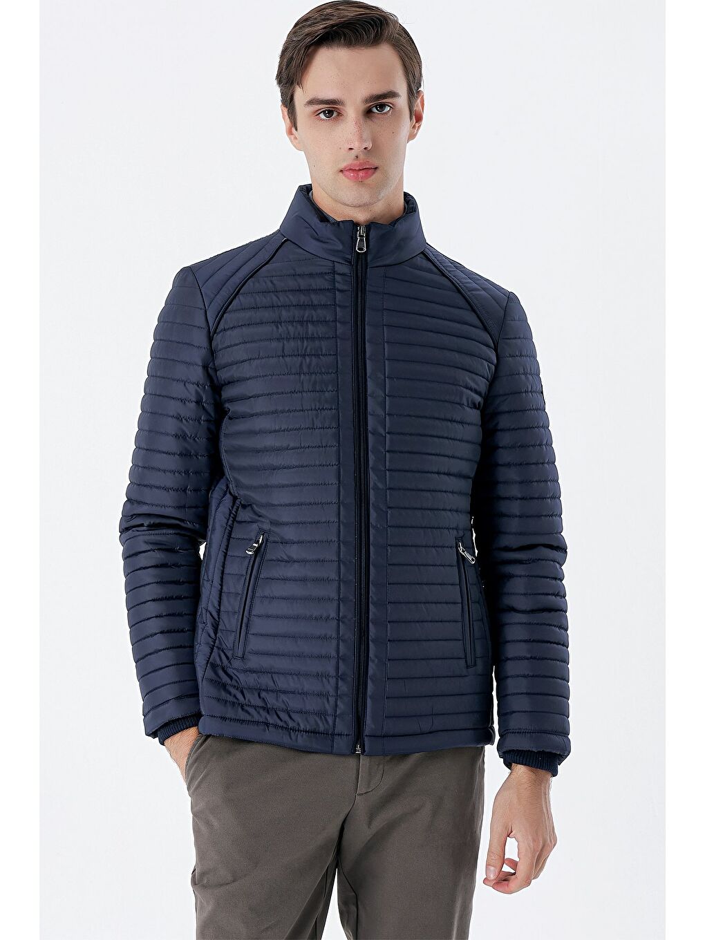 Koyu Lacivert Kapitone Dolumlu Dik Yaka Astarlı Slim Fit Dar Kesim Casual Mont 1007235164-2