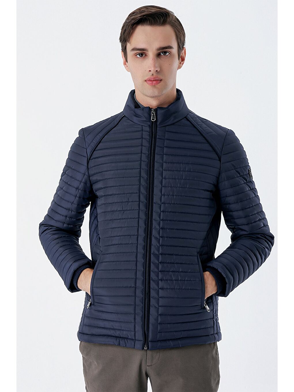 Koyu Lacivert Kapitone Dolumlu Dik Yaka Astarlı Slim Fit Dar Kesim Casual Mont 1007235164-3