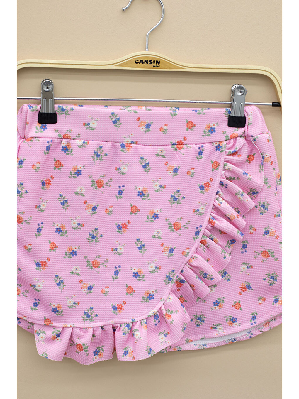 Pembe Kolları Fırfırlı Çiçek Desenli Şort Etekli 2'li Takım 20716-2