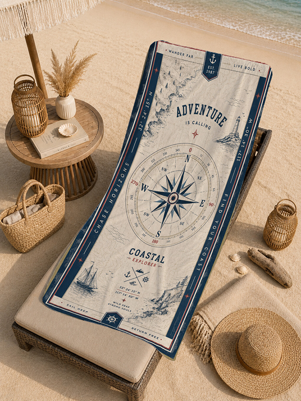 Lacivert Vintage Adventure Pusula Denizci Desenli 70x150 Plaj Havlusu - Dijital Baskılı Solmaz Banyo Havlusu-3