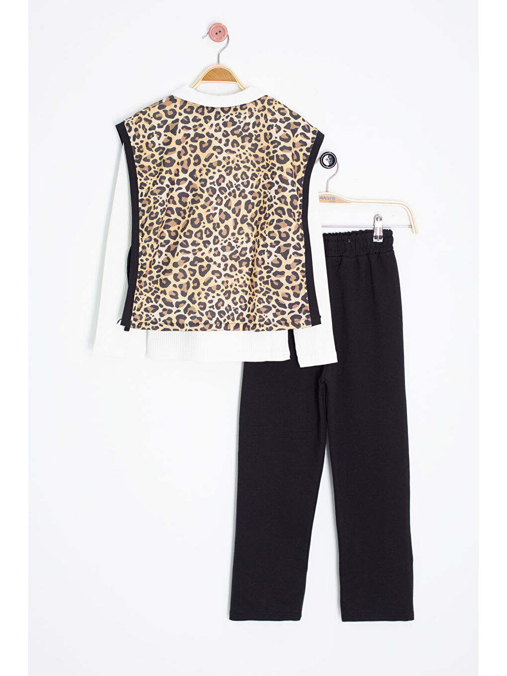 Beyaz Leopar Desenli Süveterli Badili Kız Çocuk Pantolonlu 3lü Takım 20690-3