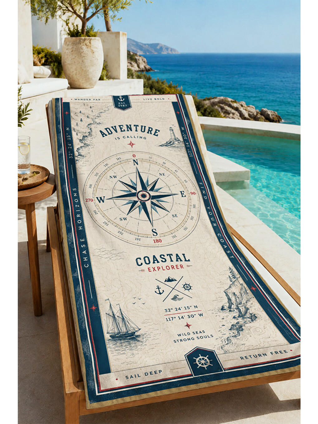 Lacivert Vintage Adventure Pusula Denizci Desenli 70x150 Plaj Havlusu - Dijital Baskılı Solmaz Banyo Havlusu-4