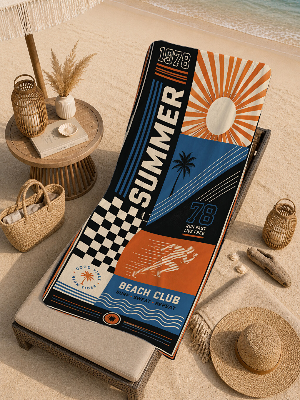 Mavi Retro Summer Surf Beach Club Desenli 70x150 Plaj Havlusu - Dijital Baskılı Solmaz Banyo Havlusu-3