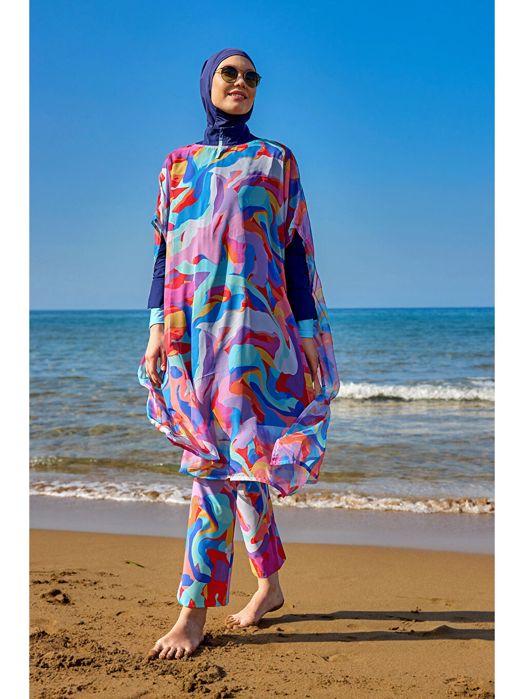 Mavi Renkli Desenli İpeksi Kimono Pareo P2505-1