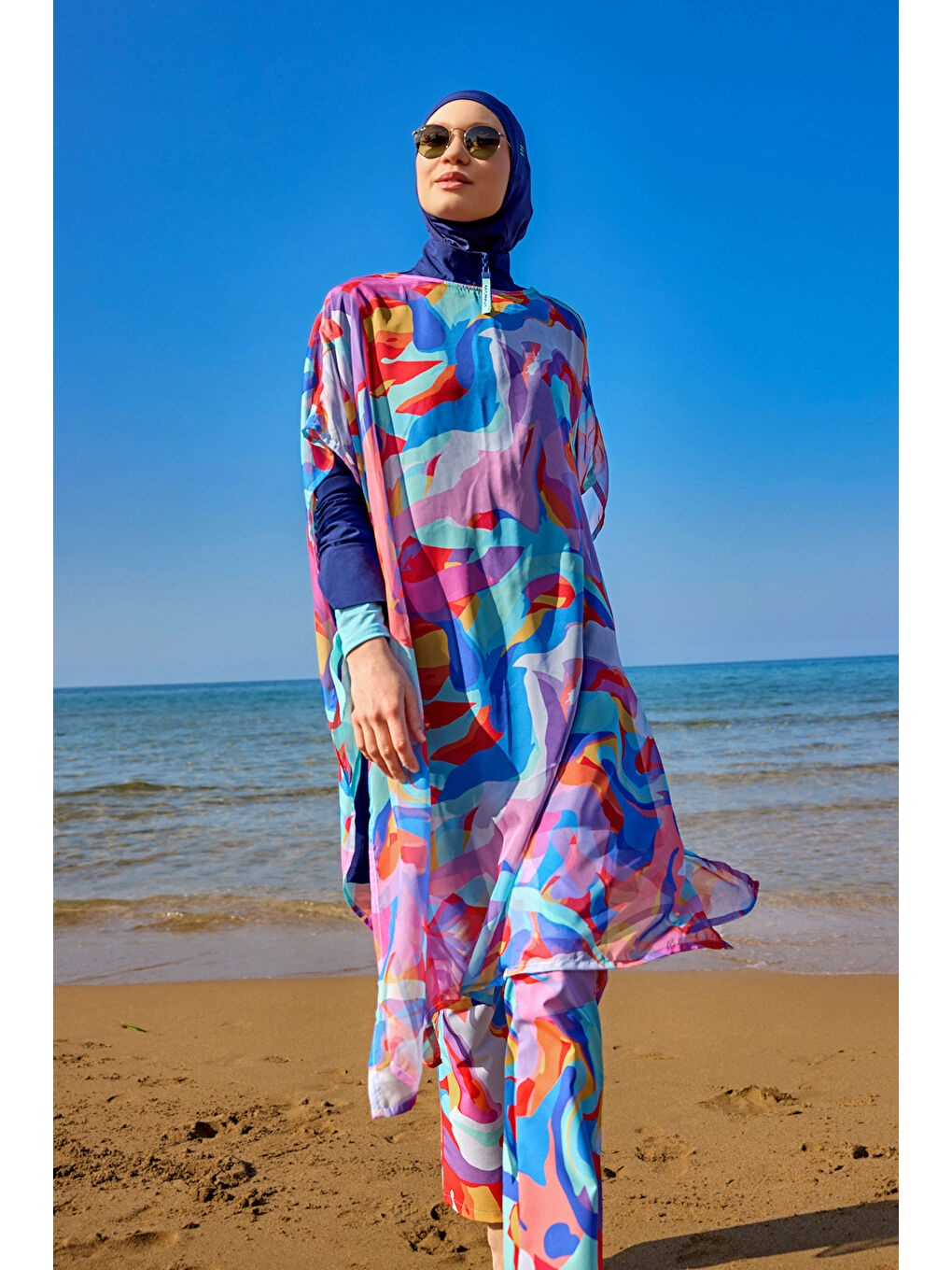 Mavi Renkli Desenli İpeksi Kimono Pareo P2505-2