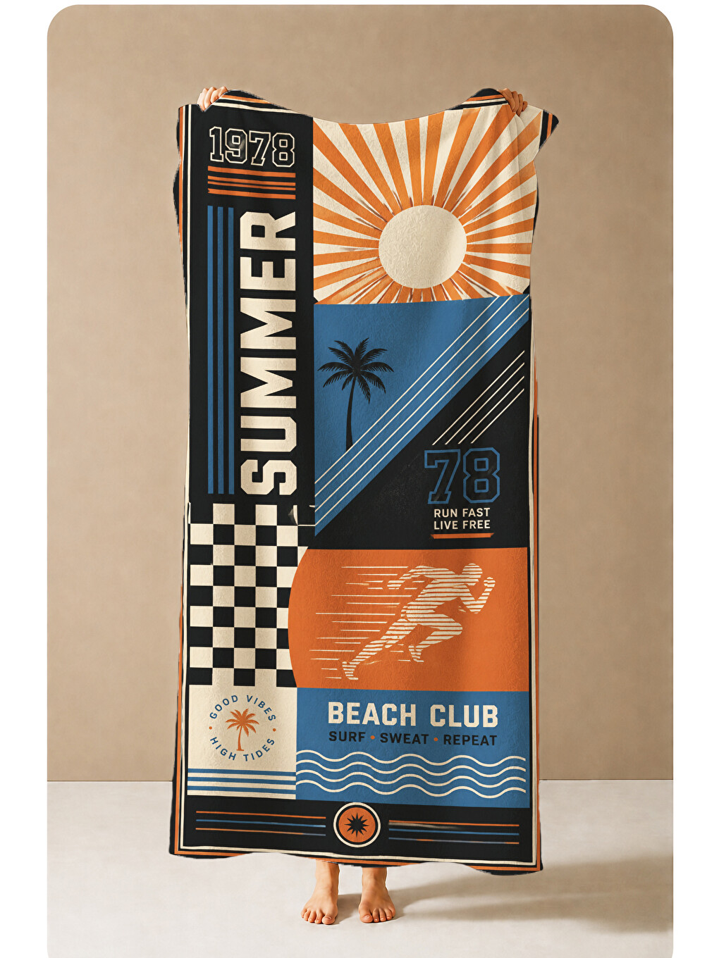 Mavi Retro Summer Surf Beach Club Desenli 70x150 Plaj Havlusu - Dijital Baskılı Solmaz Banyo Havlusu-4