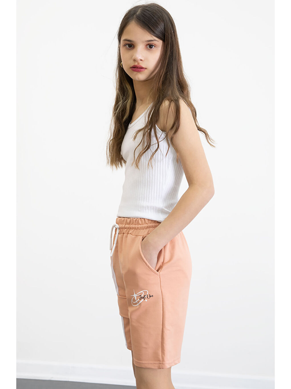 Pembe Somon Beli Lastikli Şerit Detaylı Kız Çocuk Şort 20754-1