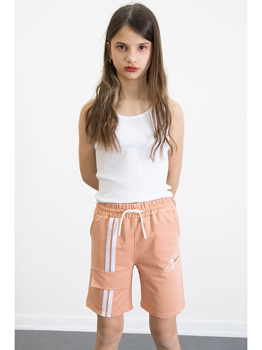 Pembe Somon Beli Lastikli Şerit Detaylı Kız Çocuk Şort 20754-2