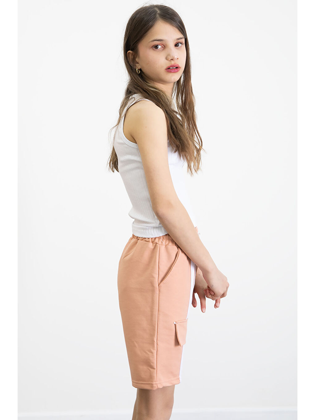 Pembe Somon Beli Lastikli Şerit Detaylı Kız Çocuk Şort 20754-3