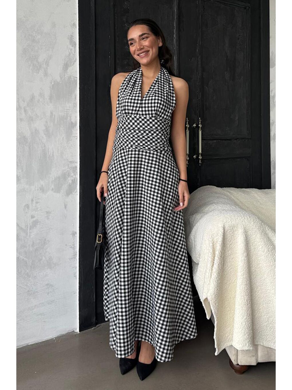 Siyah Ekoseli Midi Boy Kadın Elbise Mg2350-7