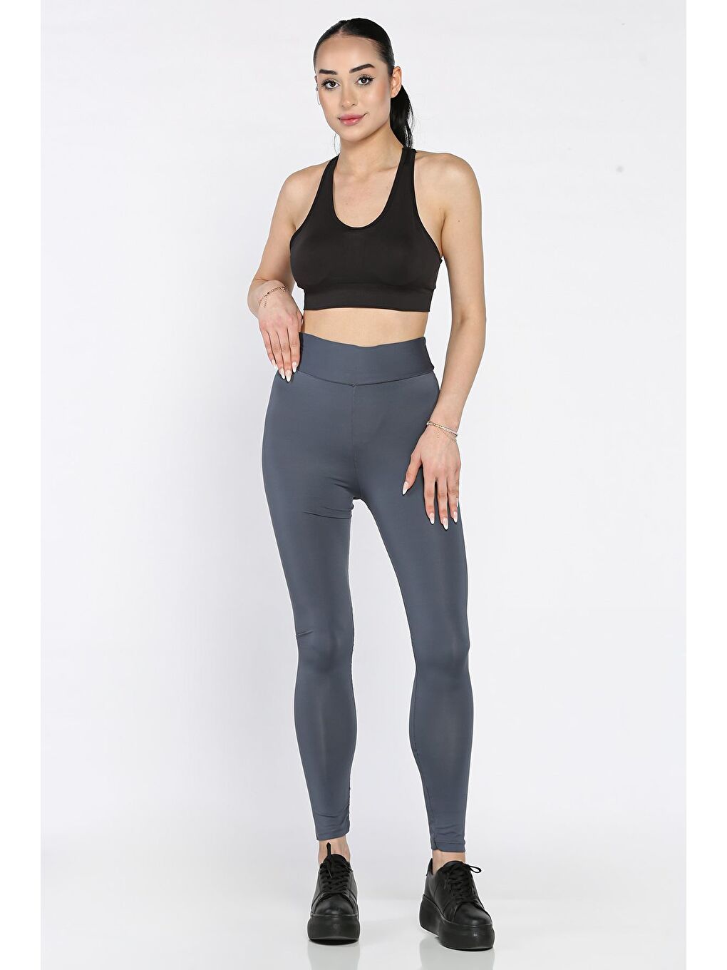 Gri Yüksek Bel Elastanlı Tayt