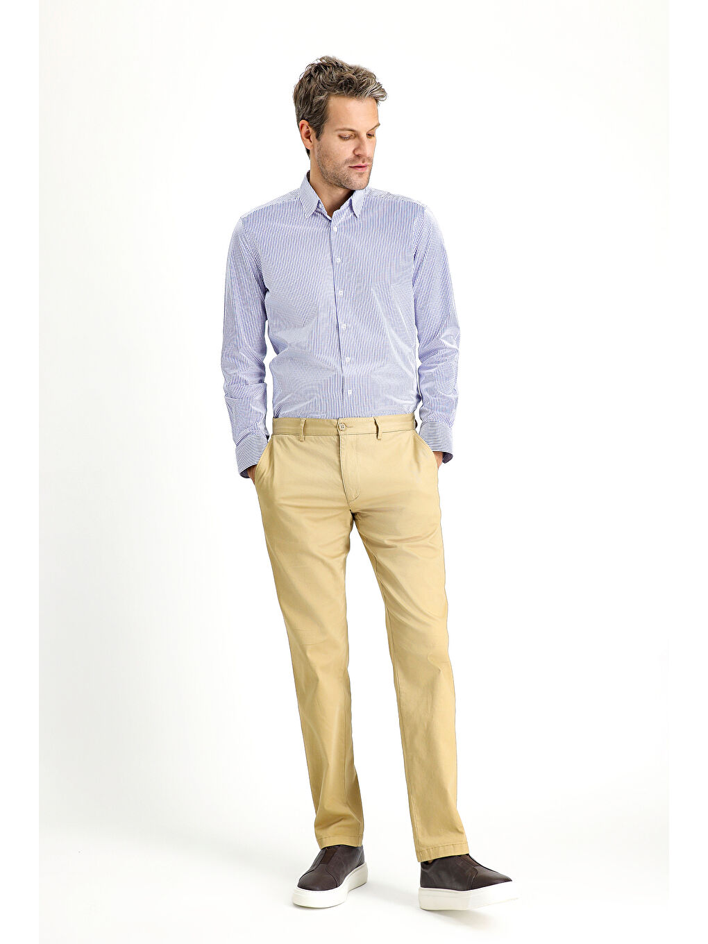 Bej Slim Fit Dar Kesim Elastanlı Kanvas / Chino Pantolon