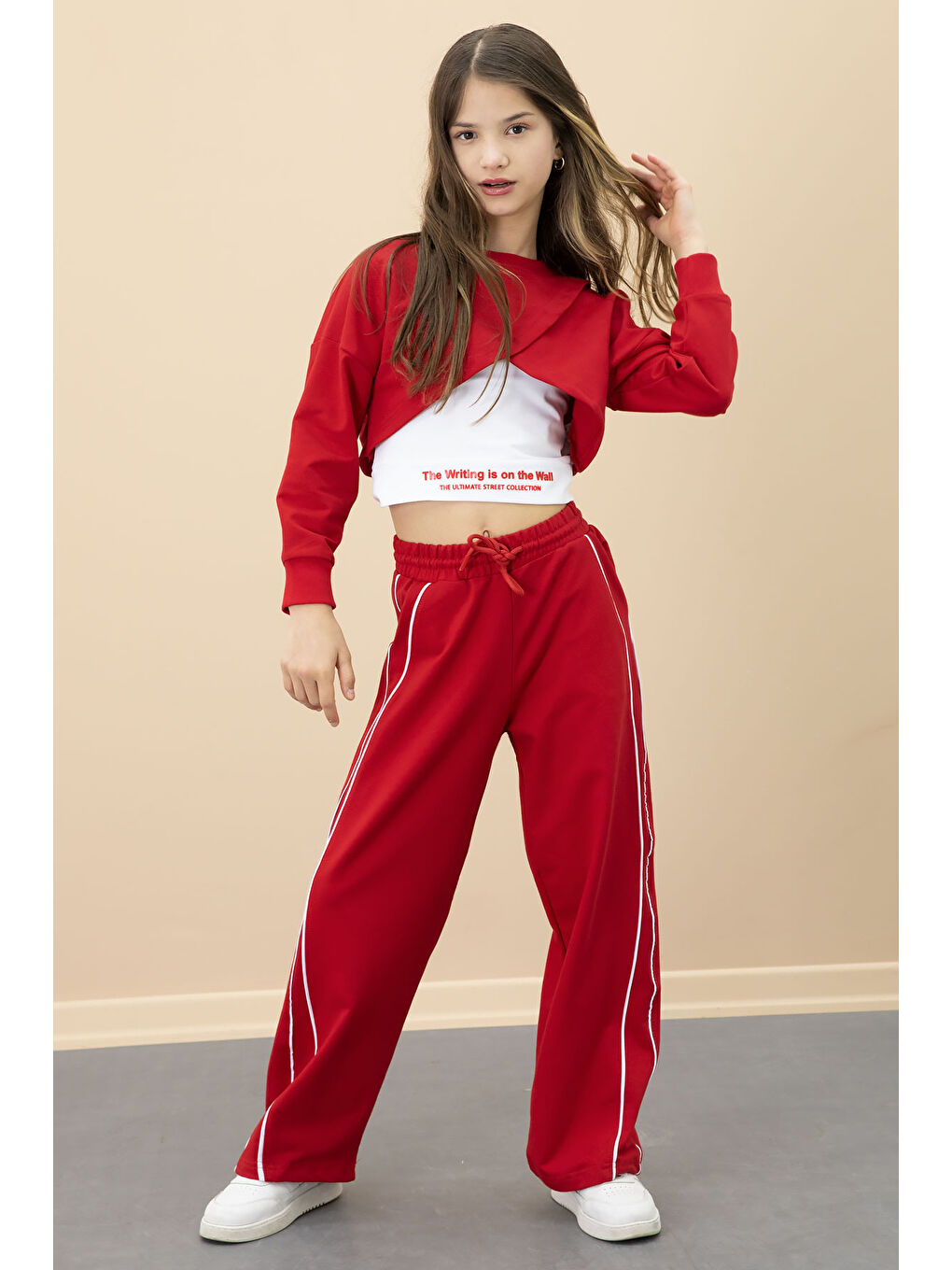 Kırmızı Şerit Detaylı Geniş Paça Croplu Kız Çocuk 3'lü Takım 20704