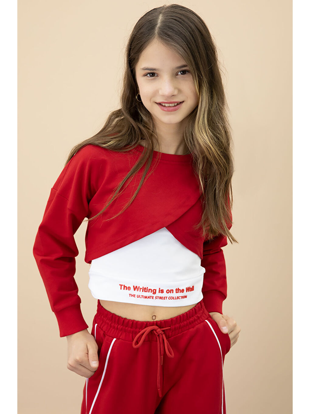 Kırmızı Şerit Detaylı Geniş Paça Croplu Kız Çocuk 3'lü Takım 20704-1