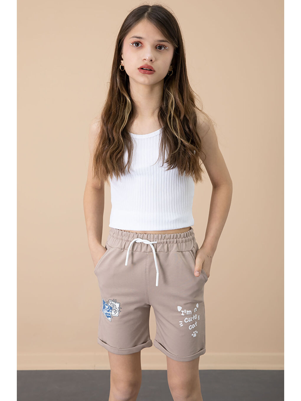 Kahverengi Kahve Patili Cute Baskılı Kız Çocuk Beli Lastikli Şort 20729-2