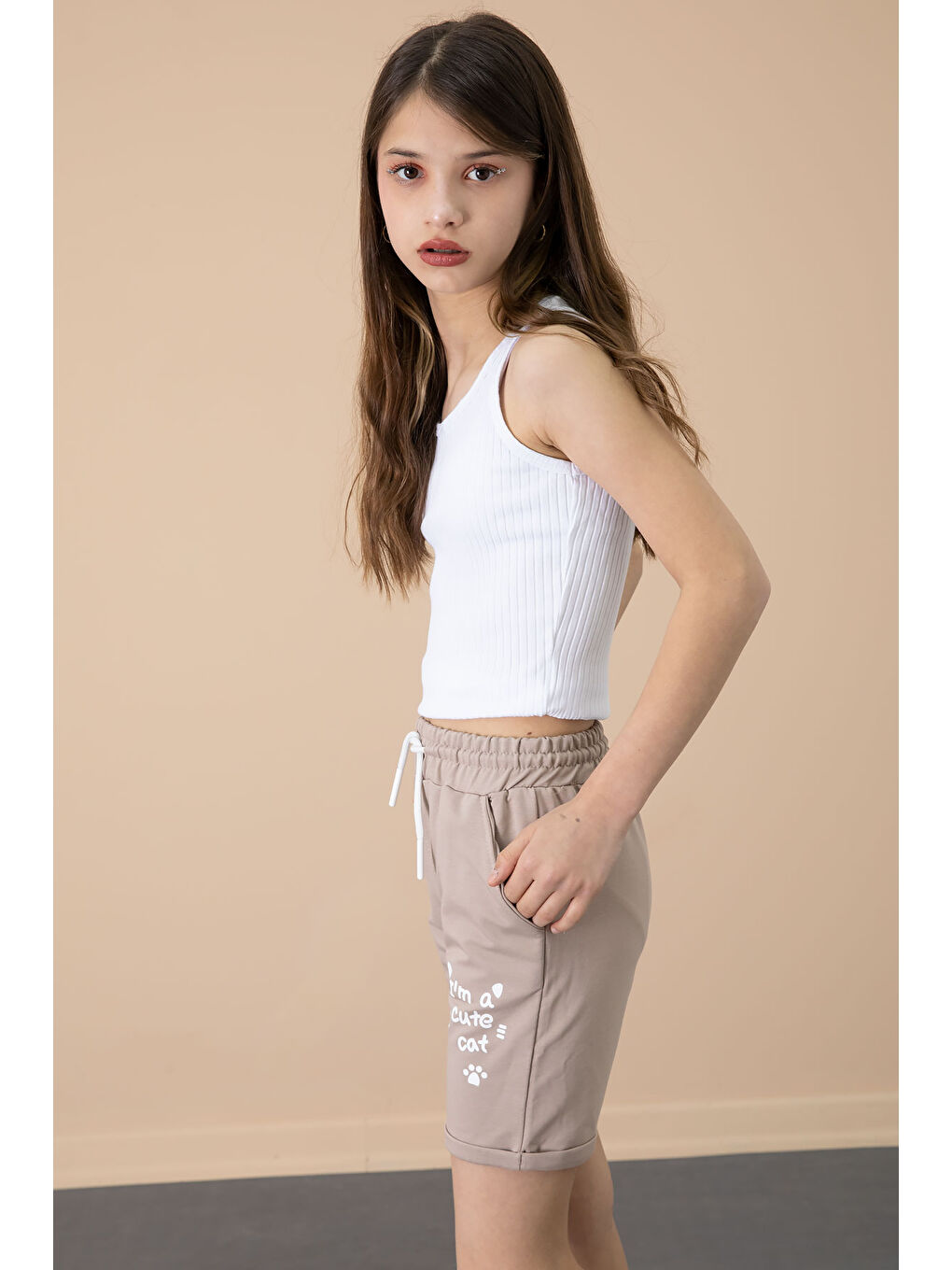 Kahverengi Kahve Patili Cute Baskılı Kız Çocuk Beli Lastikli Şort 20729-3