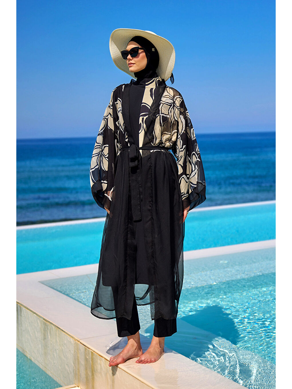 Siyah Hafif ve Tam Boy Tesettür Plaj Pareosu P2509-1
