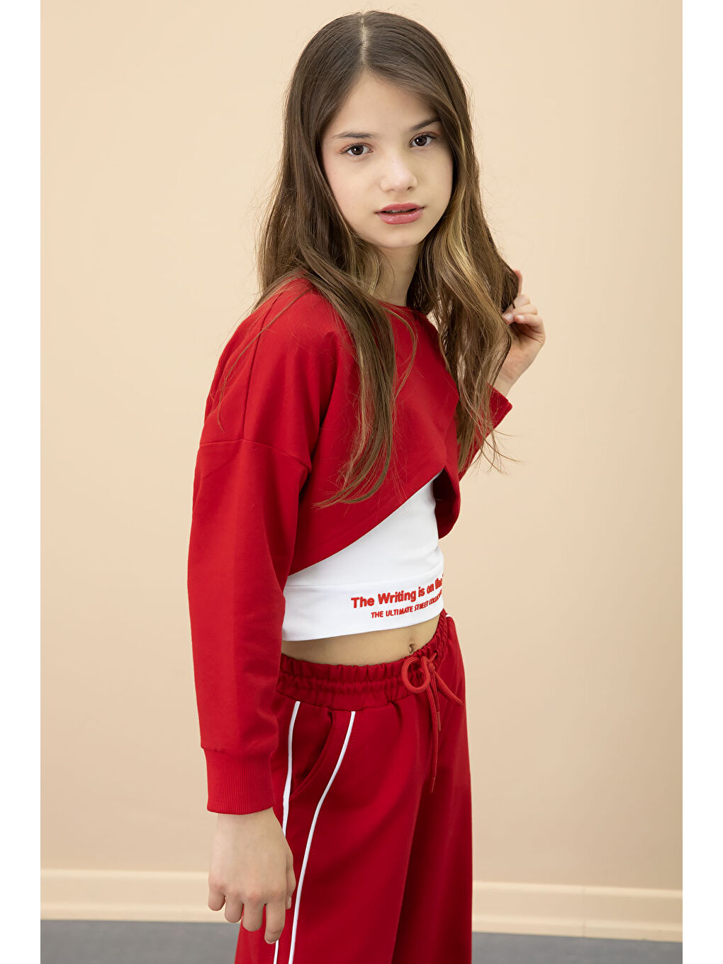 Kırmızı Şerit Detaylı Geniş Paça Croplu Kız Çocuk 3'lü Takım 20704-3