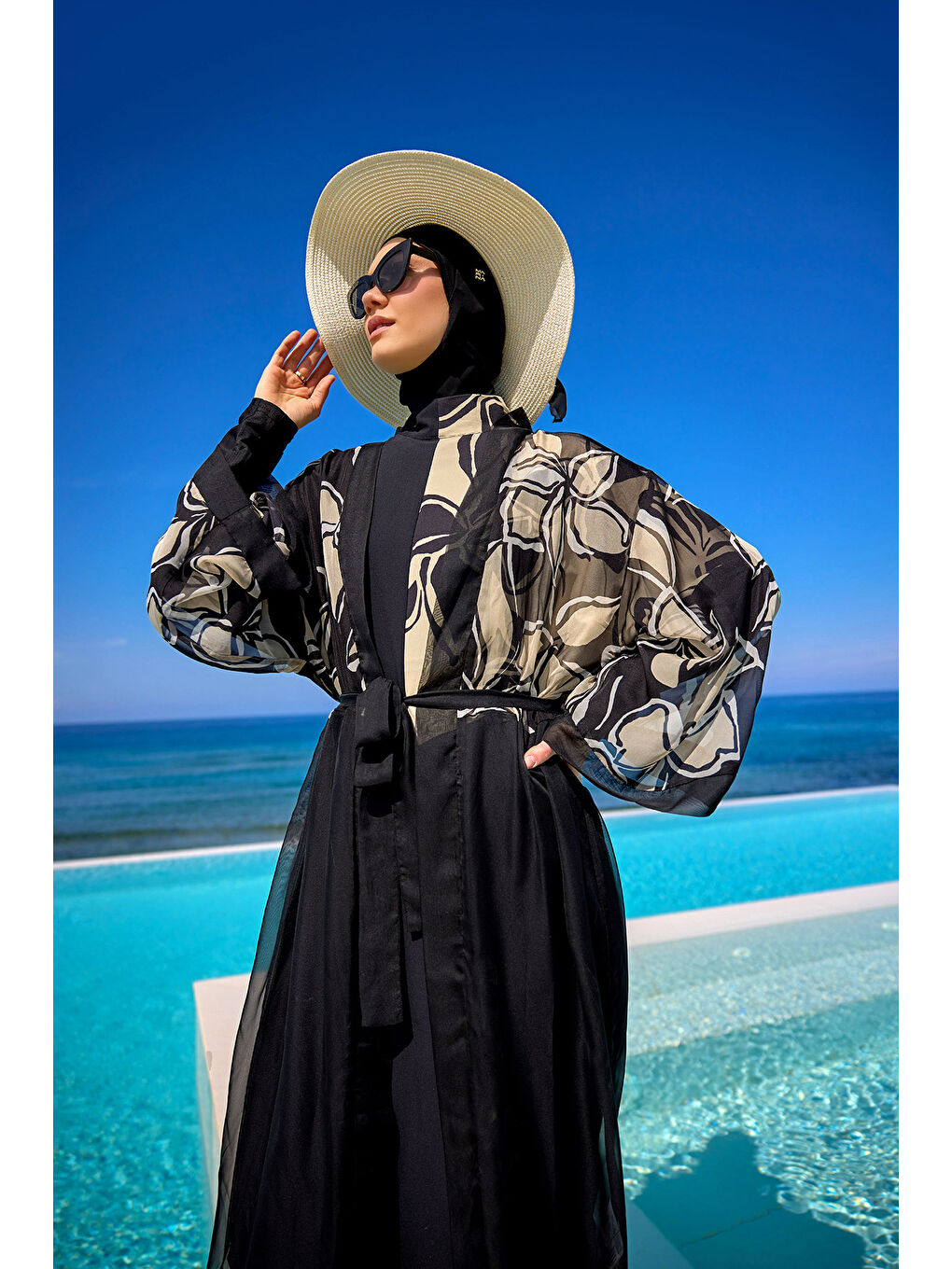 Siyah Hafif ve Tam Boy Tesettür Plaj Pareosu P2509-2