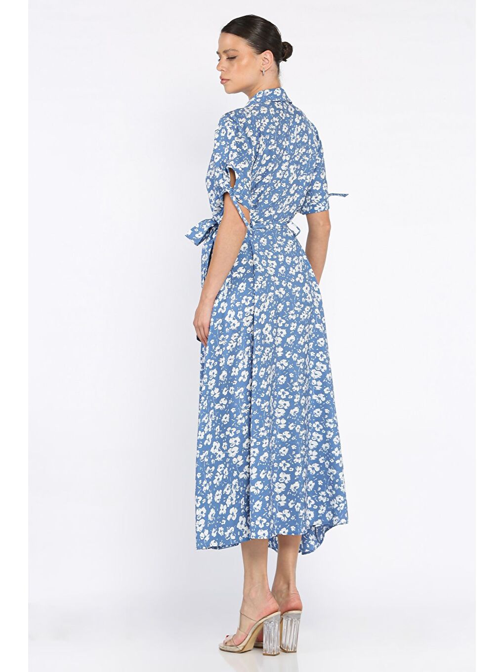 Mavi Kadın Düğmeli Çiçek Desenli Kısa Kol Elbise-2