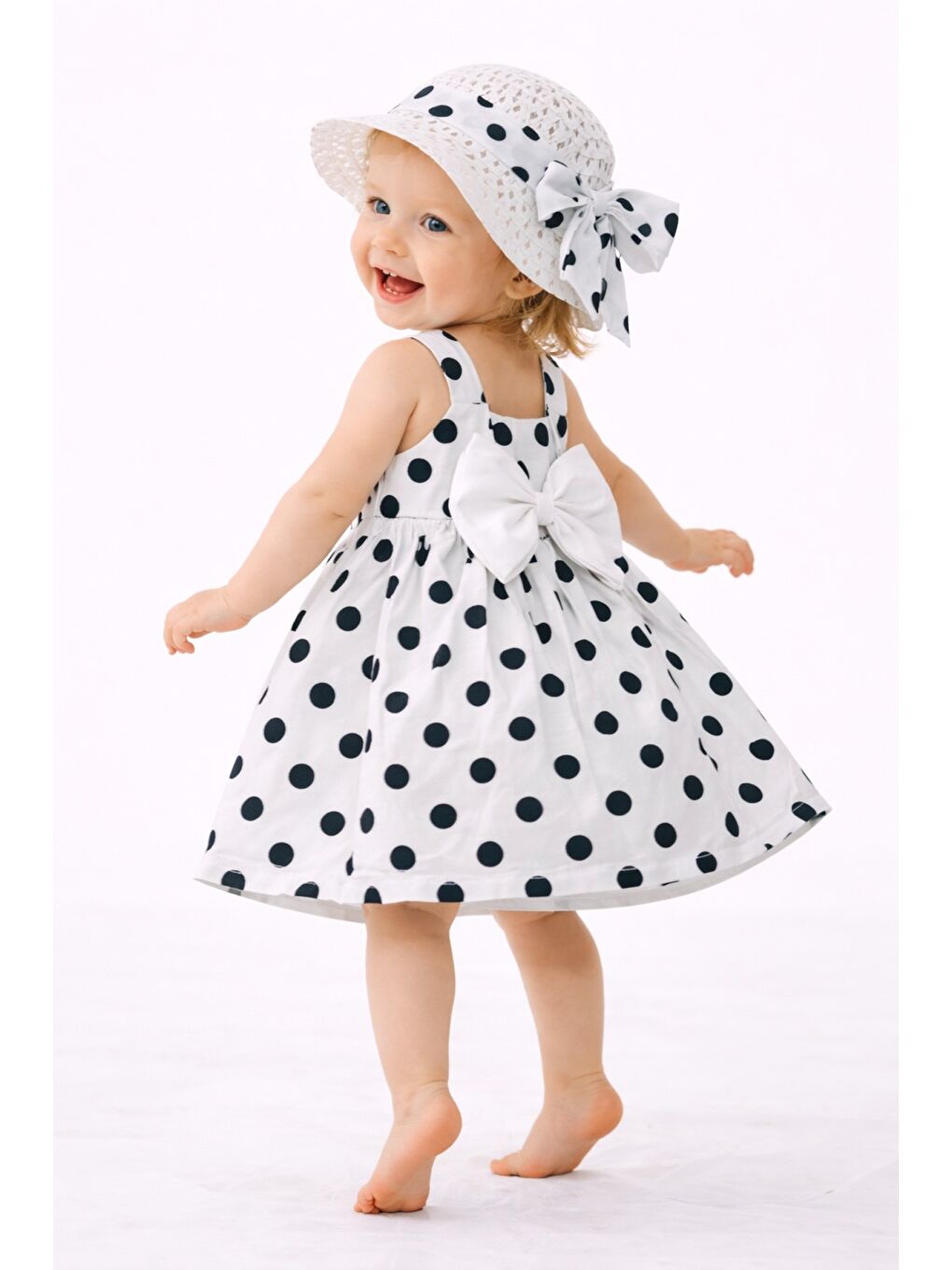 Siyah Puantiye Desenli Fiyonk Detaylı Kız Bebek Elbise-2