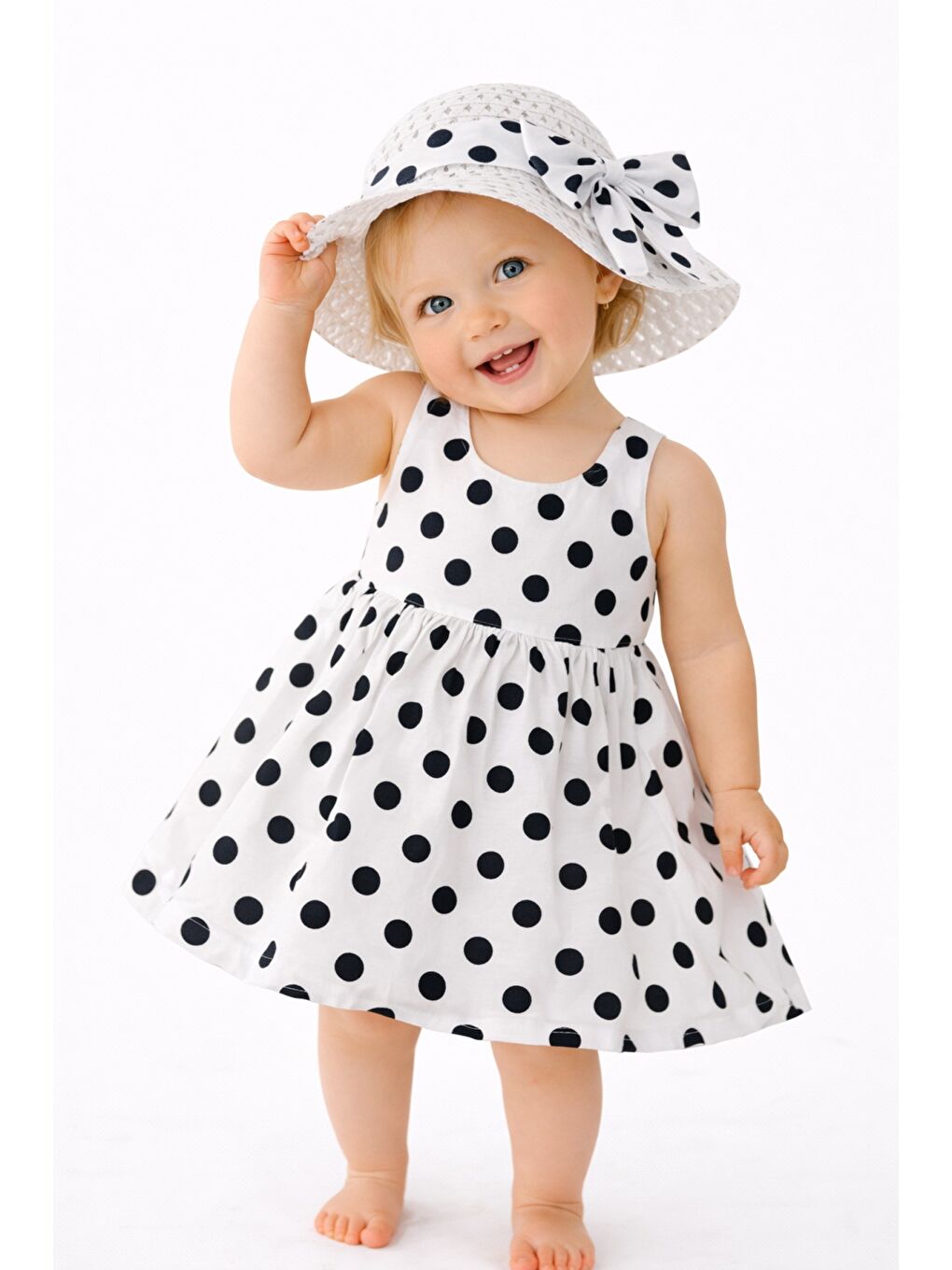 Siyah Puantiye Desenli Fiyonk Detaylı Kız Bebek Elbise-3