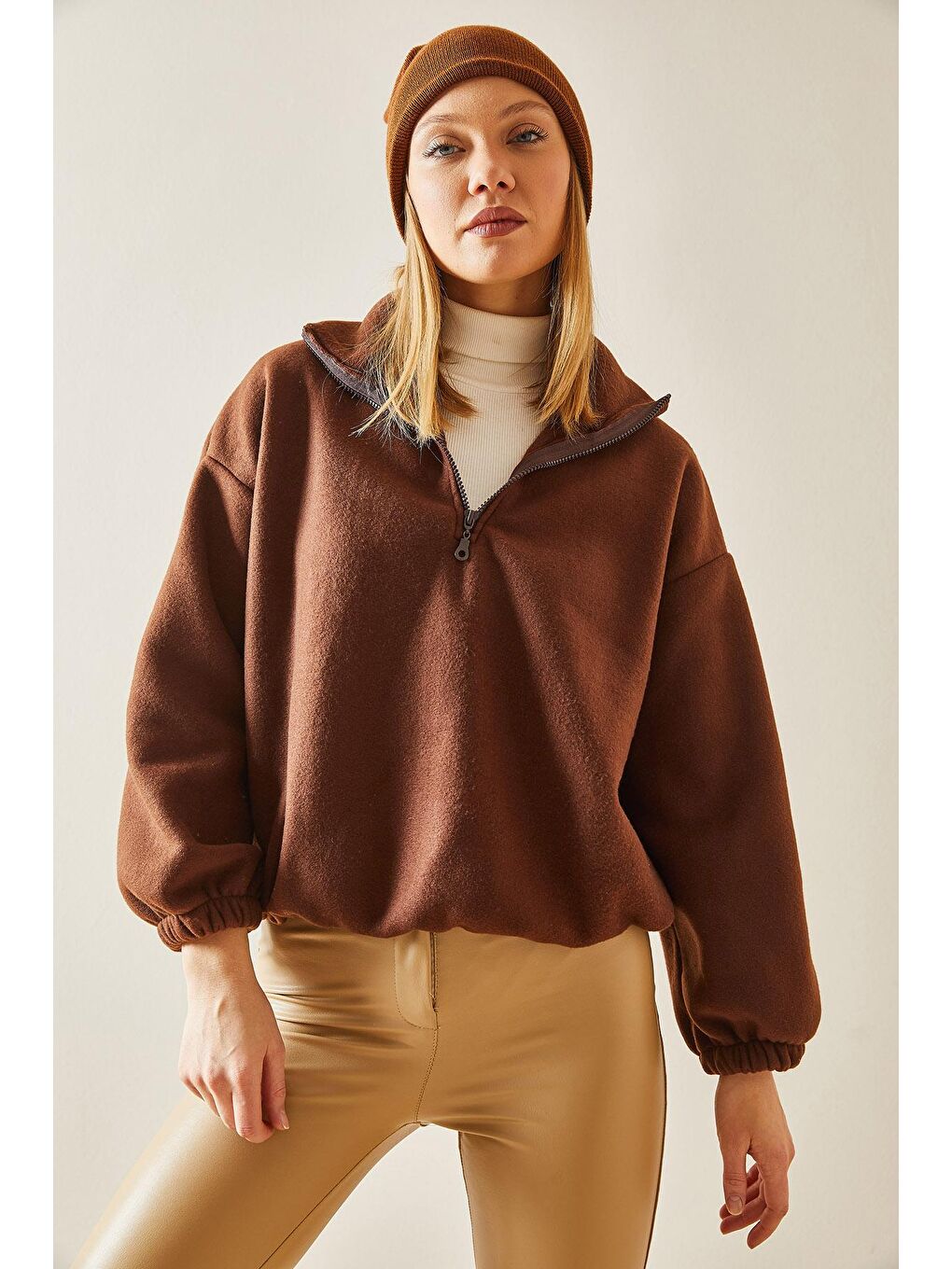 Kahverengi Fermuarlı Dik Yaka Polar Sweatshirt 4KXK8-47854-18