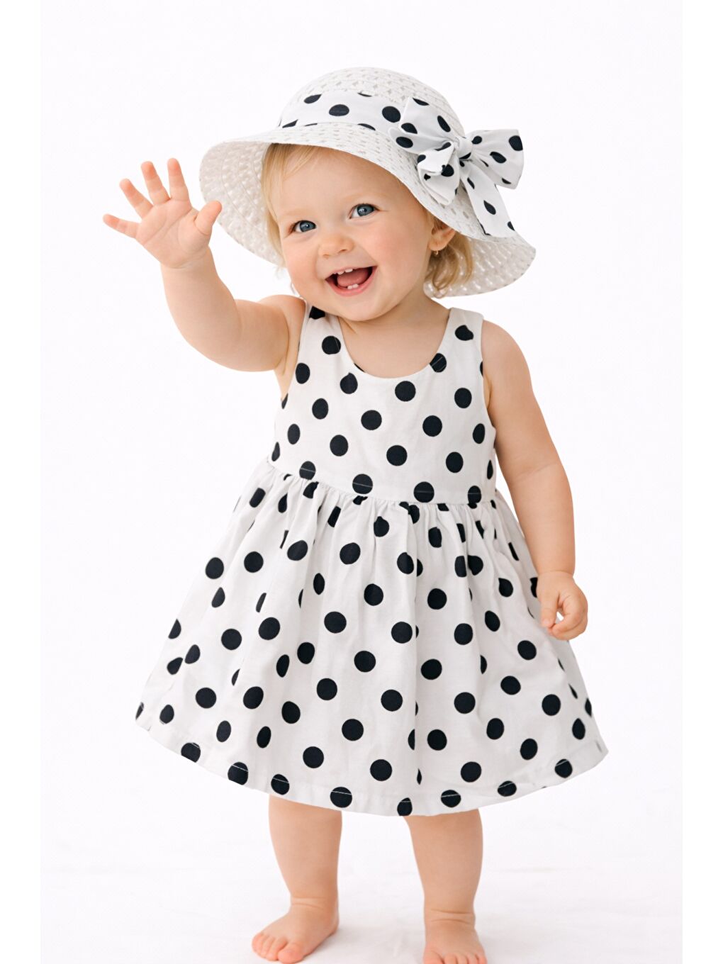 Siyah Puantiye Desenli Fiyonk Detaylı Kız Bebek Elbise-4