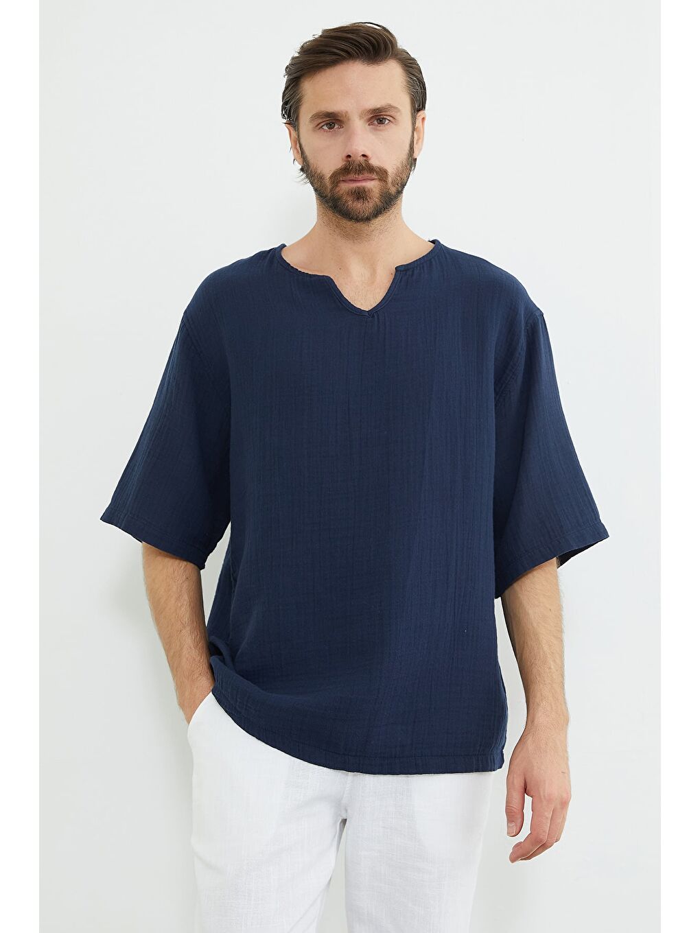 Lacivert Basic Müslin Kumaş Salaş Tişört