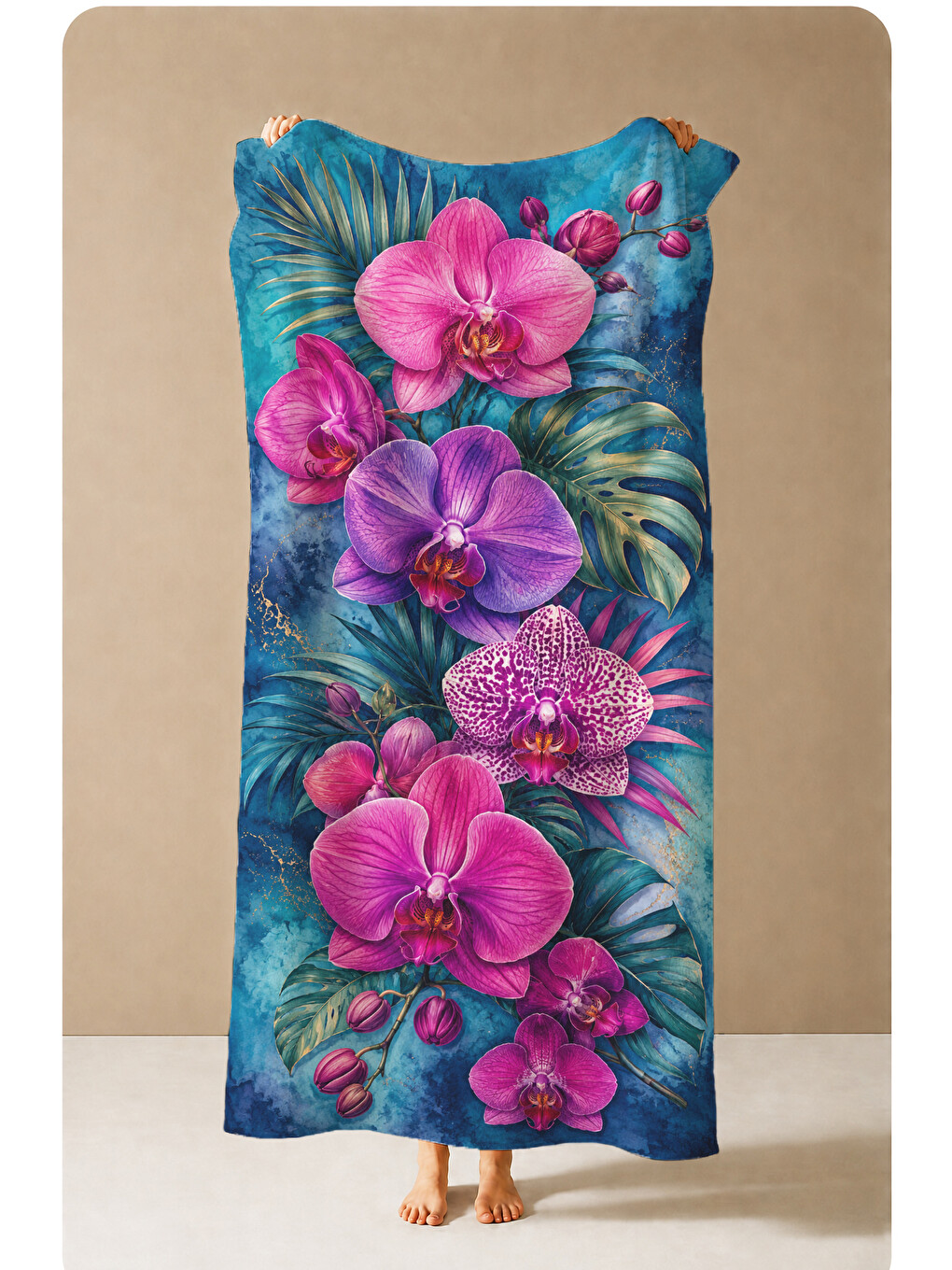 Maximalist Tropikal Mor Orkide Koyu Mavi Desenli 70x150 Plaj Havlusu - Pamuklu Banyo Havlusu-1