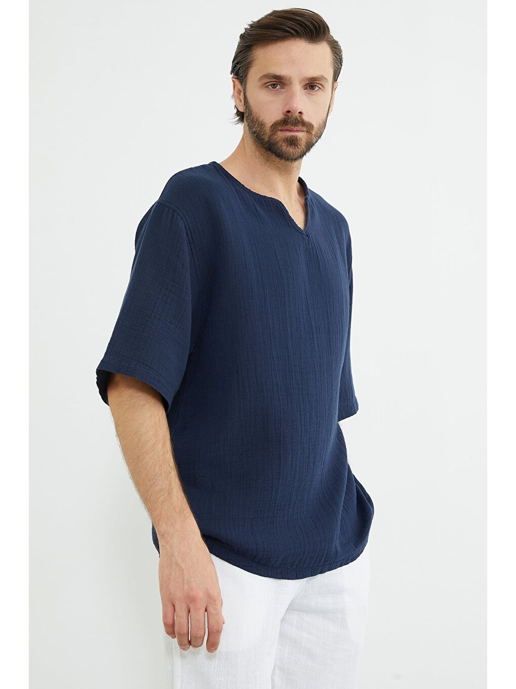 Lacivert Basic Müslin Kumaş Salaş Tişört-1